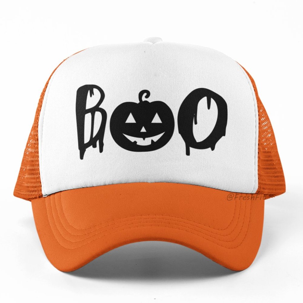 🆕🎃BOO Pumpkin Foam Trucker Hat Mesh Snapback Cap Orange/White
